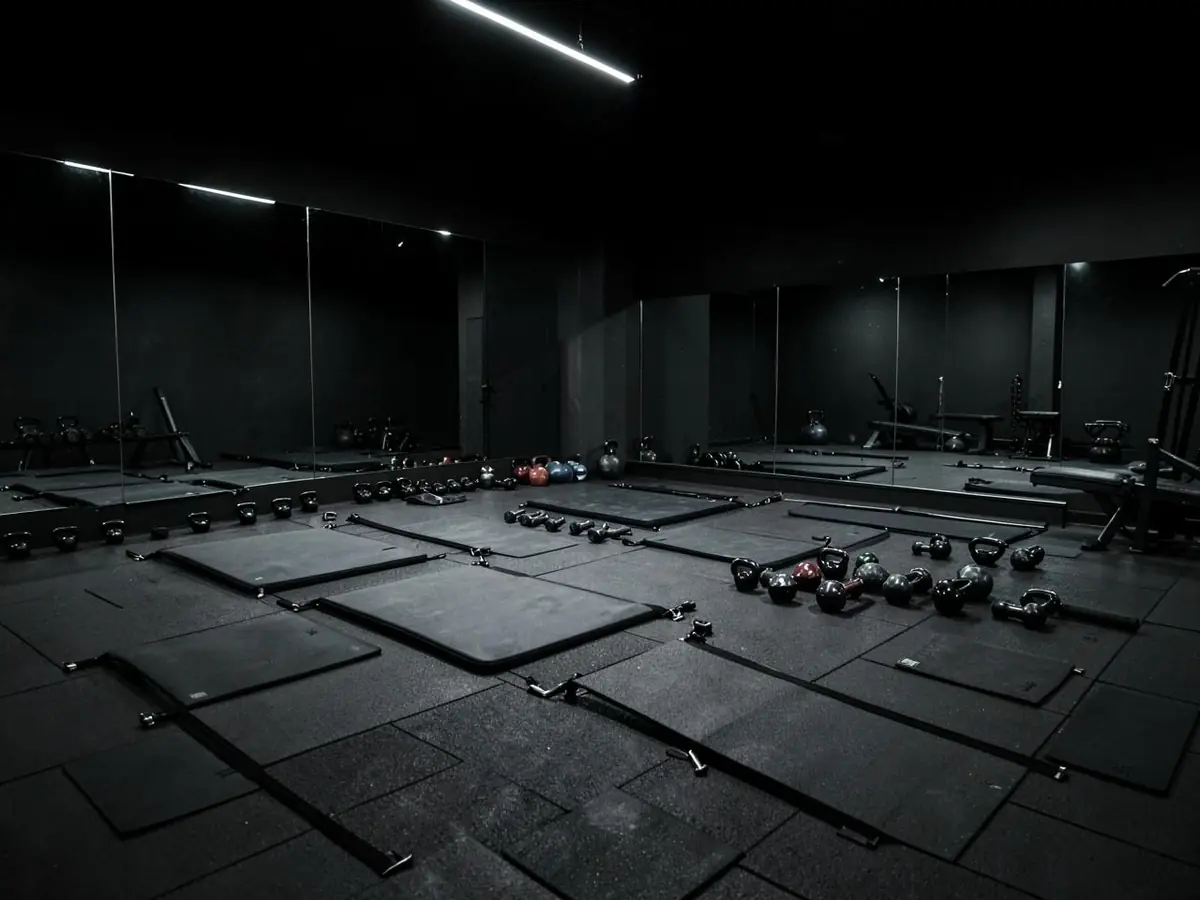 Group class studio with mats, kettlebells and dumbbells laid out