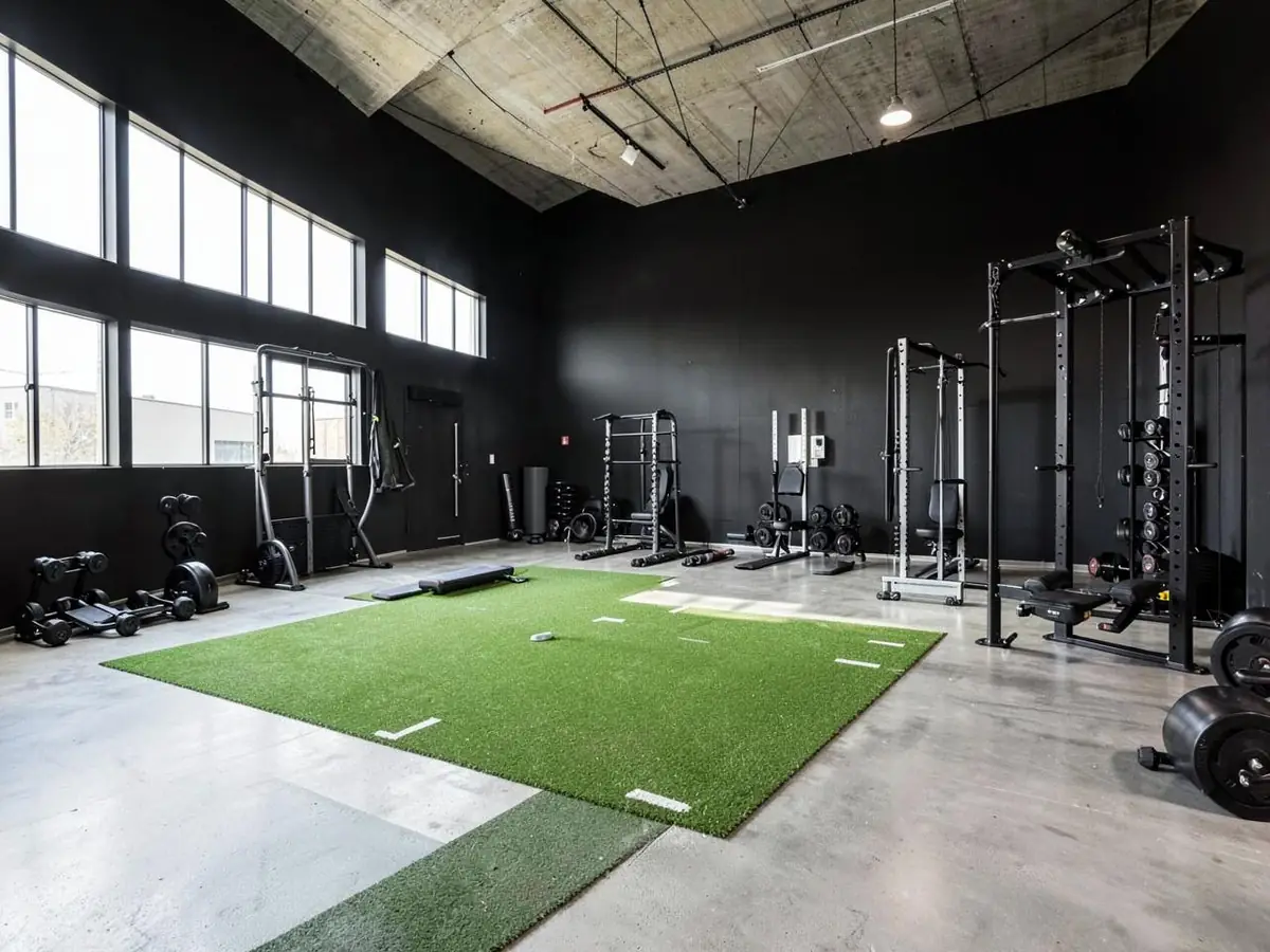 Open training floor with turf lane, racks, benches and dumbbell storage