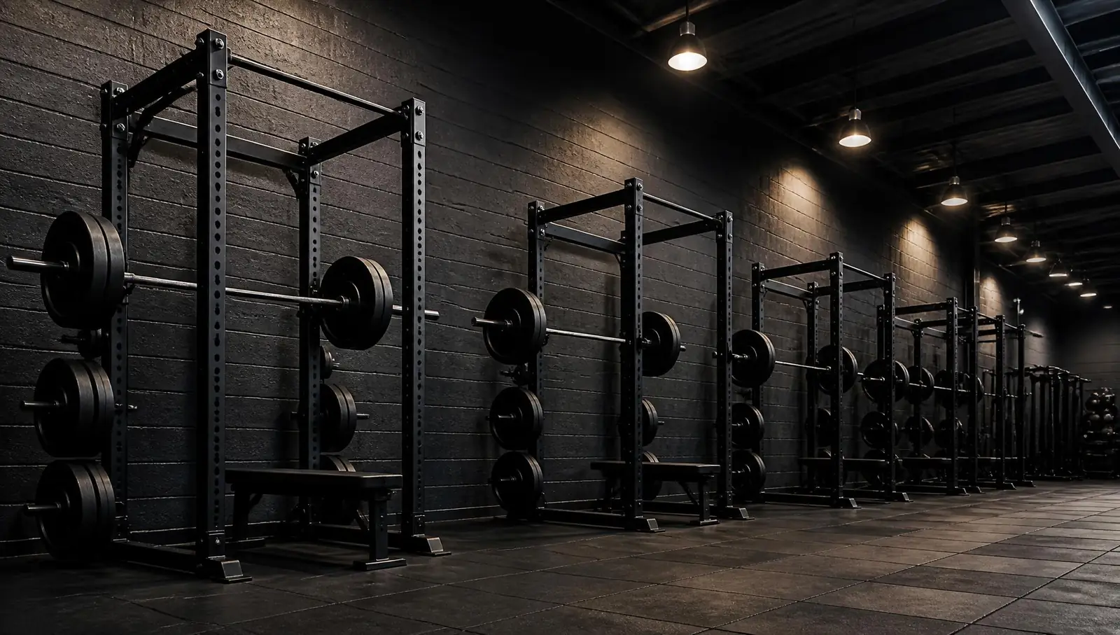 Row of black squat racks with loaded barbells on the WMG Gym strength floor